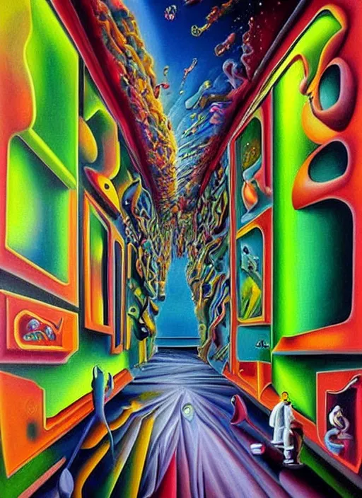 Prompt: an extremely high quality ultra hd surrealism painting of a 3d galactic neon complimentary colored cartoon surrealism melting optical illusion hallway by an exquisitely skilled upgraded version of kandinskypicasso and salvia dali the fourth, salvador dali's much much much much more talented painter cousin, 8k, clear shapes, defined edges, ultra realistic, super realistic, better than dalle2,