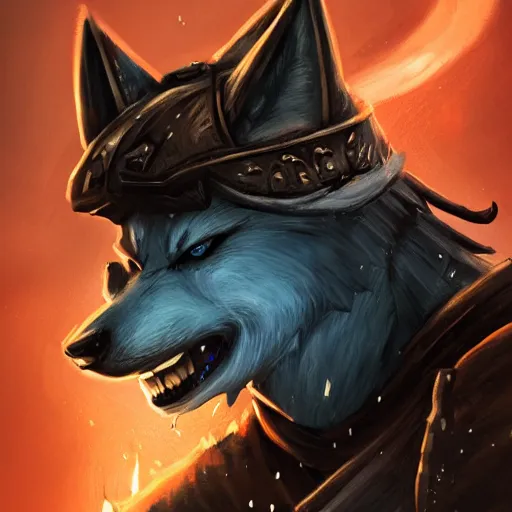 Image similar to anthropomorphic Azure samurai wolf, DnD character art portrait, fantasy battleground, raining, fire, oil painting, heroic pose, magic the gathering artwork, D&D, fantasy, cinematic lighting, centered, symmetrical, highly detailed, digital painting, artstation, concept art, smooth, sharp focus, illustration, volumetric lighting, epic Composition, 8k, art, DeviantArt, trending on Artstation, Jason Felix, Steve Argyle, Tyler Jacobson, Peter Mohrbacher, Akihiko Yoshida, Greg Rutkowski, Craig Mullins, Frank Frazetta, cinematic lighting