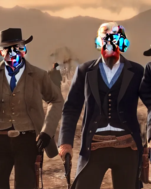 Prompt: Donald Trump, Joe Biden and Hillary Clinton in RDR2. They are robbing a stagecoach as a team. Alex Jones is riding the stagecoach. gameplay screenshot. Ultra Realistic graphics. Unreal Engine 5.