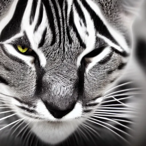 Prompt: a cat with zebra fur, low key lighting, hyperrealistic, super detail,