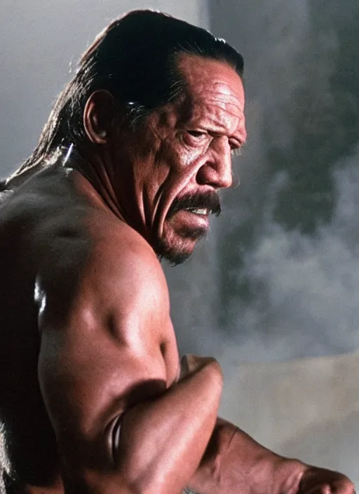 Image similar to film still of Danny Trejo as John McClane in Die Hard, 4k