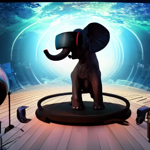 Image similar to a hyperrealistic 3D octane render of an elephant wearing oculus rift VR headset and playing a keyboard inside of a dome planetarium, 8k, unreal engine, dramatic lighting, volumetric lighting, uplighting, ray tracing, photorealistic,