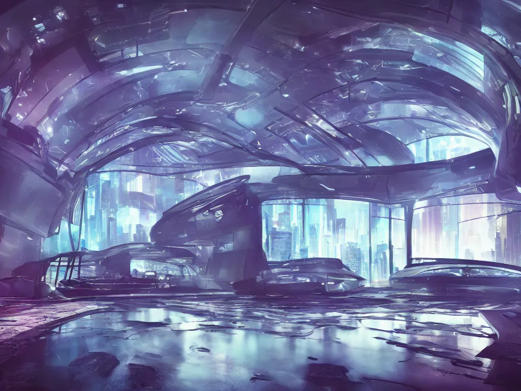 Image similar to a futuristic bedroom with large curved ceiling high windows looking out to a far future cyberpunk cityscape, cyberpunk neon lights, raining, scifi
