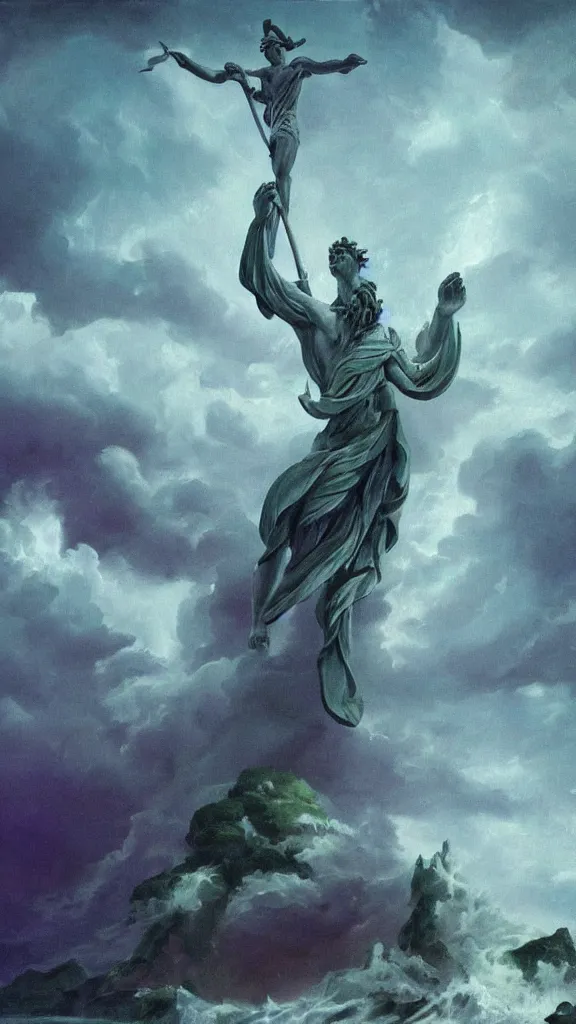 Prompt: gigantic marble statue of the god of the sea wielding a trident on an island. roiling waves at the base. scene lit by lightning. thunderclouds in the background. fantasy setting. magicians praying to the statue. purples and greens. fantasy aesthetic. extremely detailed. 4 k. painting with curved brush strokes