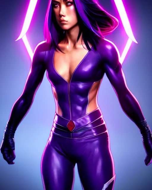 Prompt: Psylocke Chloe Bennet long hair, holding purple Halo energy sword, realistic character concept, action pose, comic book, illustration, slender symmetrical face and body, artstation, cinematic lighting, hyperdetailed, artgerm, 8k, Rafeal Albuquerque comic book art, single face, insanely detailed and intricate, beautiful