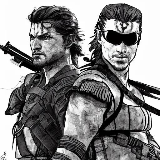 Prompt: solid snake and aloy standing back to back, posing, medium shot, natural lighting, digital art, illustration, highly detailed, by frank miller,