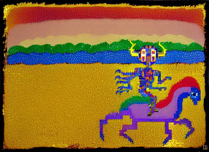 Image similar to pixel decollage painting golden armor alien zombie horseman riding on a crystal bone dragon broken rainbow diamond maggot horse in a blossoming meadow full of colorful mushrooms and golden foil toad blobs in a golden sunset, distant forest horizon, painted by Mark Rothko, Helen Frankenthaler, Danny Fox and Hilma af Klint, pixelated, neo expressionism, semi naive, pastel colors, cinematic, color field painting, cave painting, voxel, pop art look, outsider art, minimalistic. Bill Traylor painting, part by Philip Guston,Amano and Francis Bacon. art by Adrian Ghenie, very coherent symmetrical artwork, cinematic, hyper realism, high detail, octane render, unreal engine, Smooth gradients, depth of field, full body character drawing, extremely detailed, 8k, extreme detail, intricate detail, masterpiece