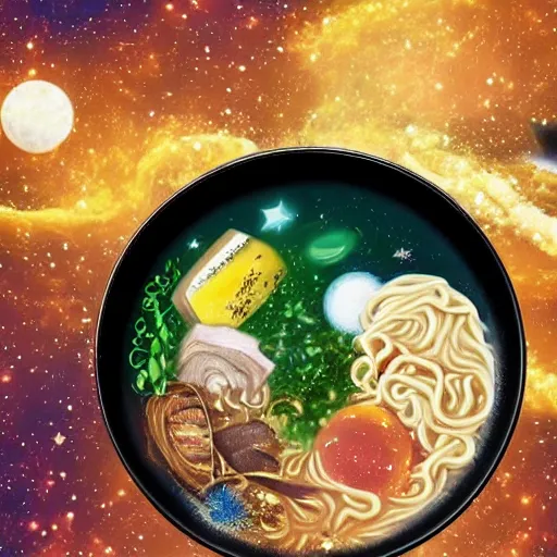 Prompt: Delicious looking bowl of ramen floating in space, space telescope, stars, galaxies