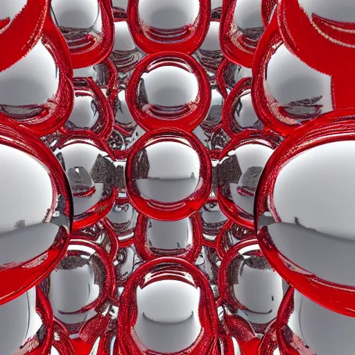 Prompt: chrome spheres on a red cube, scientific visualization