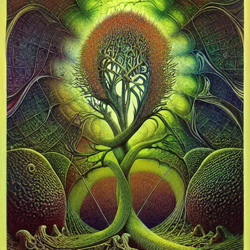 Image similar to sacred mulberry tree by roger dean and andrew ferez, art forms of nature by ernst haeckel, divine chaos engine, symbolist, visionary, art nouveau, botanical fractal structures, organic, detailed, realistic, surreality