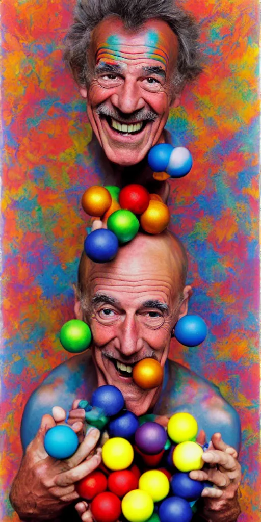 Prompt: award winning photo of albert hoffman playing with BALLS, vivid colors, happy, symmetrical face, beautiful eyes, studio lighting, wide shot art by Sally Mann & Arnold Newman