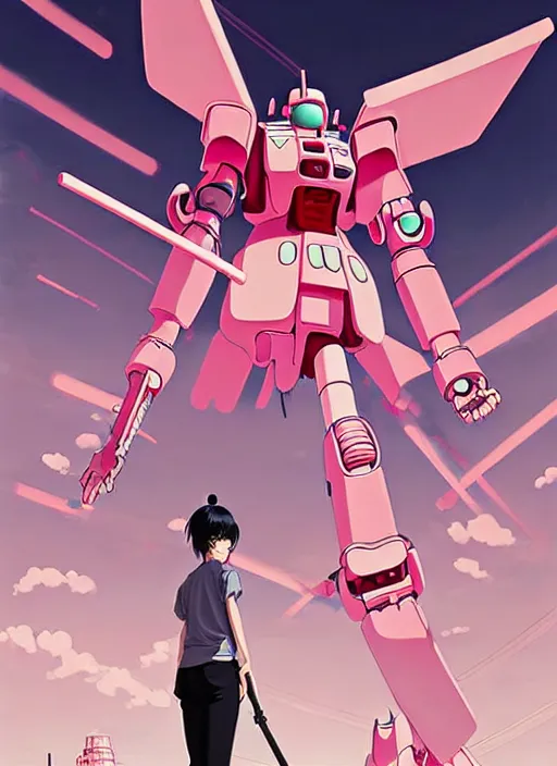 Image similar to Artwork by James Jean, Phil noto and hiyao Miyazaki; a young Japanese future samurai police girl named Yoshimi battles an enormous looming evil natured carnivorous pink gundam robot on the streets of Tokyo; Japanese shops and neon signage; crowds of people running; Art work by studio ghibli, Phil noto and James Jean