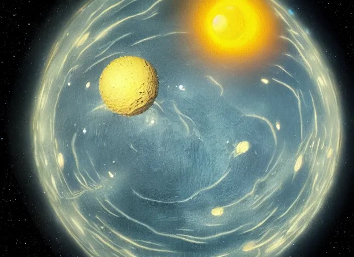 Prompt: 3d render of a fried egg shaped planet flowing and flying through interstellar deep space depicted by Vincent van Gogh, octane render