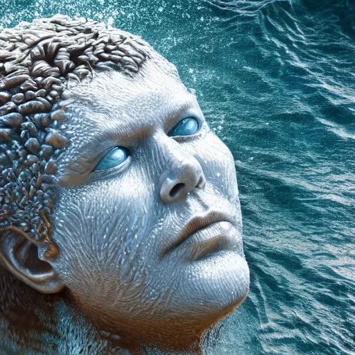 Image similar to a giant sculpture of a human head on the ocean, made purely out of water, cinematic, in the style of johnson tsang, long shot, hyper detailed, hyper realistic, ray tracing, 8 k resolution, sharp focus, realistic water, award winning