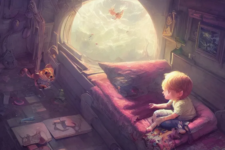 Prompt: a beautiful illustration of a little cute boy doesn't want to sleep, fantasy, intricate, epic lighting, cinematic composition, hyper realistic, 8 k resolution, unreal engine 5, by artgerm, tooth wu, dan mumford, beeple, wlop, rossdraws, james jean, marc simonetti, artstation