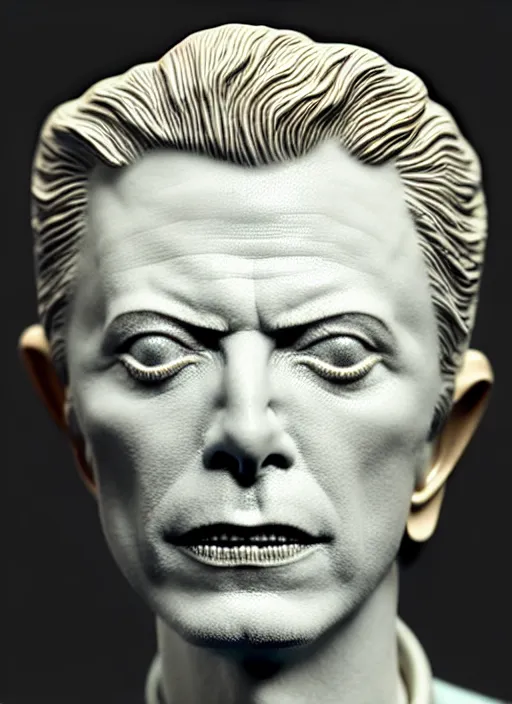 Image similar to David Bowie , A Close up photo-real delicate ceramic porcelain sculpture of a symmetrical ornate detailed in front of an intricate background by Victo Ngai and takato yamamoto, micro detail, backlit lighting, face in focus, subsurface scattering, translucent, thin porcelain, octane renderer, colorful, physically based rendering, japanese pottery, trending on cgsociety