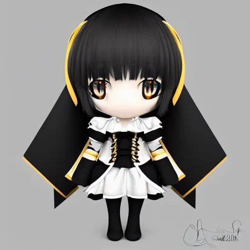 Image similar to cute fumo plush of a gothic maiden in a black and gold uniform, laces and ribbons, soft shadow, anime girl, vray, symmetry, white frame