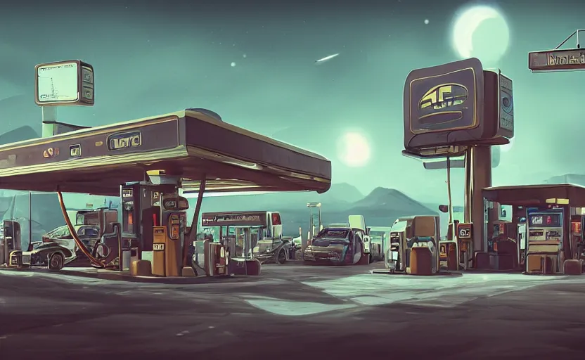 Prompt: gas station in space, 4 k, polished, photorealistic, steampunk, hard edges, zoomed in, very coherent, sharp focus, rim light, exquisite lighting, hard edges, sci - fi, print, cinematic, game art, concept art, octane