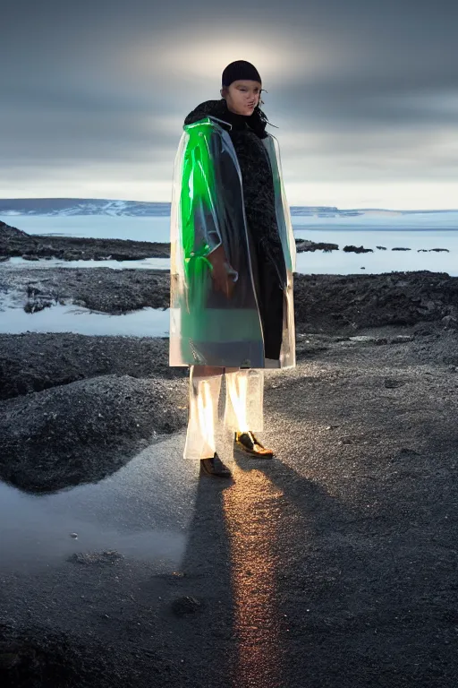 Image similar to an ultra high definition professional high fashion portrait studio full length photograph of a model wearing a transparent pearlescent raincoat and neon visor in an icelandic black rock environment at dawn. no artefacts. extremely detailed. stark. refraction. shallow depth of field. volumetric light and shadow. ray tracing. light rays.