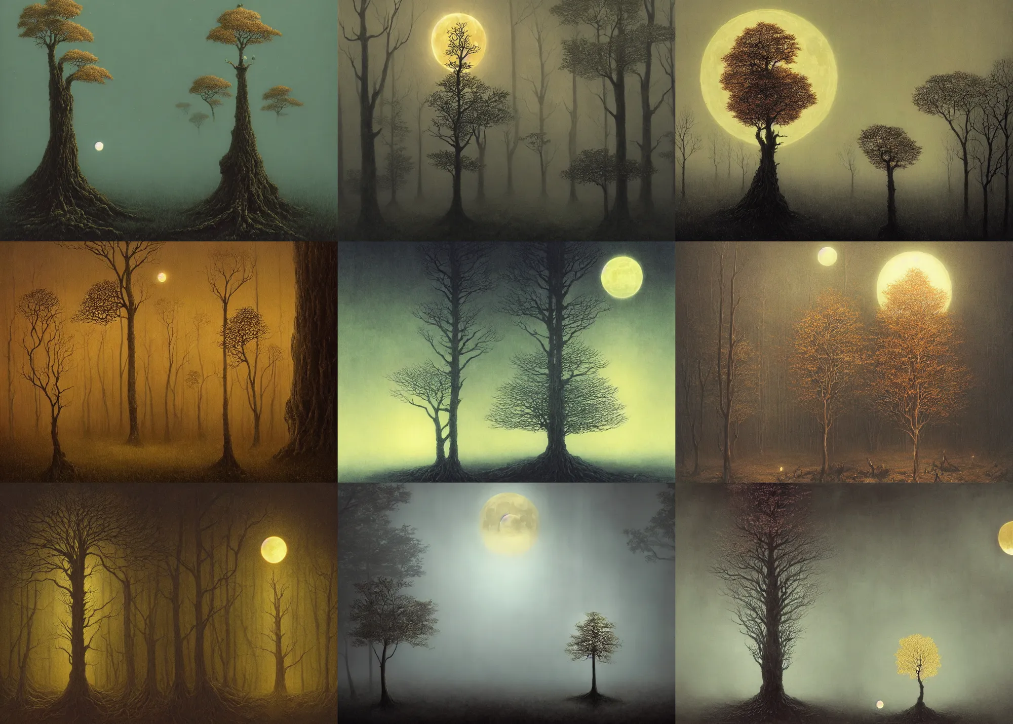 Prompt: a robust golden glowing tree growing in the middle of a dark, foggy forest, art style by Beksinski and Kentaro Miura, moon light in the top background