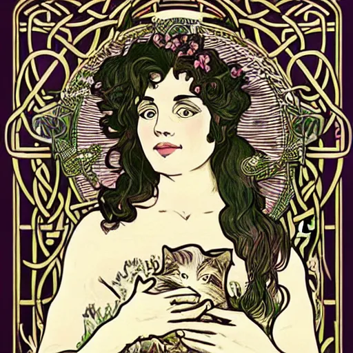 Prompt: lady with long curly hair with a cat beside her, celtic spread tarot cards on a table in front of her, elegant face, in a gypsy tent with Alphonse Mucha art nouveau poster style, with thin lines and pastel colors,