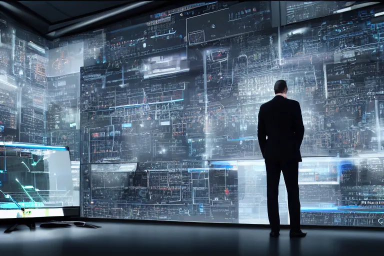 Prompt: a man in gray corporate suit standing in dark in front of supercomputer with many monitors and displays, one monitor with the skynet logo, photorealistic, highly detailed, 4 k, hd