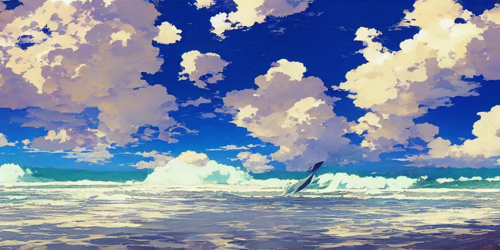 Prompt: clouds and wings and waves, by studio ghibli painting, by Joaquin Sorolla rhads Leyendecker, An aesthetically pleasing, dynamic, energetic, lively, well-designed digital art of a beach, ripples, waves, sea foam, light and shadow, ocean caustics, overlaid with aizome patterns, by Ohara Koson and Thomas Kinkade, traditional Japanese colors, superior quality, masterpiece