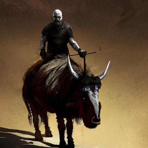 Image similar to Walter white as a dark fantasy warrior riding an armored yak, made by Greg Rutkowski