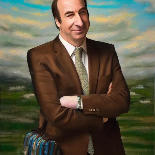 Image similar to an oil painting of saul goodman dressed as a businessman, pastel, art masterpiece, museum, on display