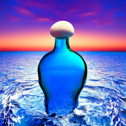 Image similar to surreal 3 d art of a human head stuffed in a bottle, on the ocean water, futuristic, glowing, hyper realistic, ray tracing, realistic water splashes, sharp focus, long shot, 8 k resolution, cinematic, photoshop art