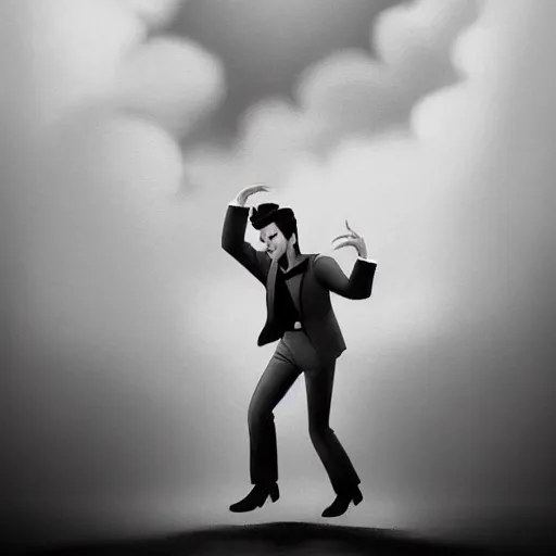 Image similar to a beautiful highly detailed matte painting of elvis presley dancing on stage by atay ghailan, cliff chiang, loish and goro fujita, black, white and pink mystical tones, featured on artstation, featured on behance, grunge aesthetic, spooky