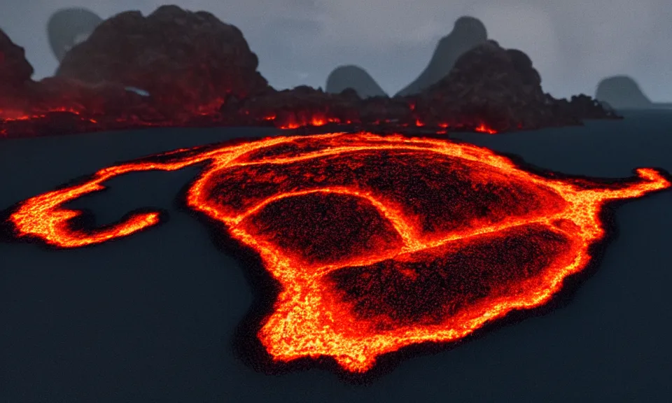 Image similar to An island that is half volcanic landscape covered with lava and half cold glacial landscape, 8k, cinematic, octane render, intricate