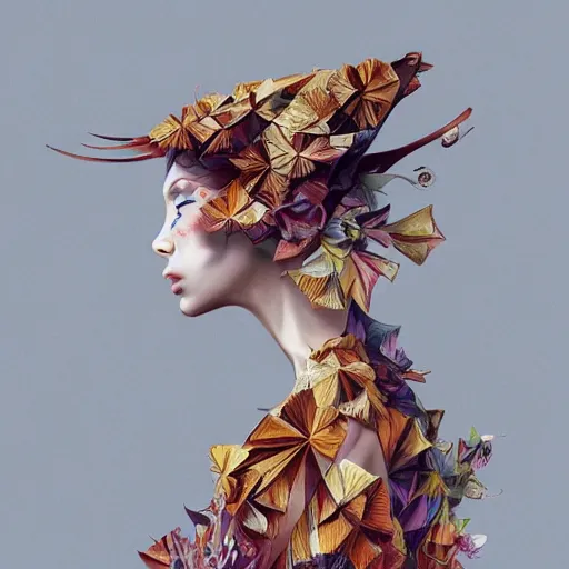 Prompt: 3 / 4 view of a beautiful girl wearing an origami dress, elegant, by esao andrews, by eiko ishioka, givenchy, by peter mohrbacher, centered, floral ornamentic, detailed beautiful face, high depth of field, origami, detailed fashion illustration, vogue, japanese, reallusion character creator