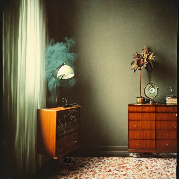 Prompt: kodak portra 4 0 0, wetplate, fisheye, award - winning portrait by britt marling, 1 9 2 0 s art deco room, ghost, picture frames, shining lamps, dust, smoke, 1 9 2 0 s art deco furniture, wallpaper, carpet, books, muted colours, wood, fog, plants, flowers