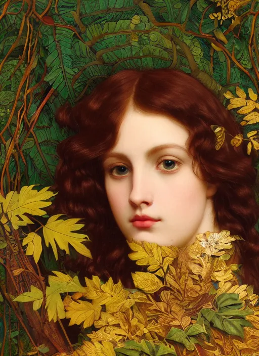 Image similar to masterpiece beautiful seductive flowing curves preraphaelite face portrait amongst leaves, extreme close up shot, straight bangs, thick set features, yellow ochre ornate medieval dress, laying amongst foliage mushroom forest circle arch, frederic leighton and kilian eng and rosetti, 4 k