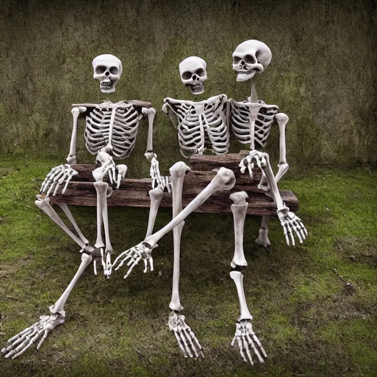 Prompt: decayed old romantic pair of skeletons, sitting on a park bench, holding their hands kissing, partially covered with dust and moss, cinematic lighting, photorealistic image, 8k, ultra detailed, high resolution, artstation