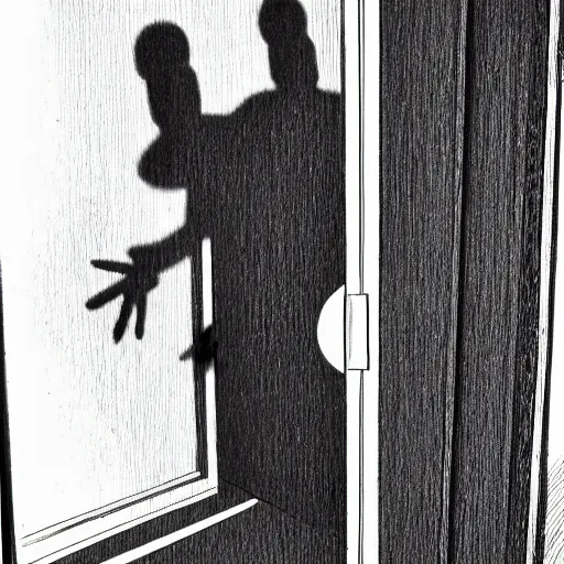 Prompt: a shadow person sticking it's head out from behind a dresser in a bedroom at night, terrifying, scary, haunted house
