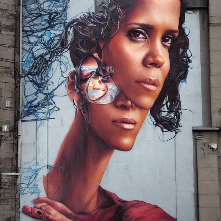 Prompt: Street-art portrait of Halle Maria Berry in style of Etam Cru, photorealism, elegant woman, beautiful woman