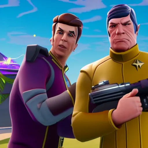 Image similar to Captain James T. Kirk and Spock hugging in fortnite