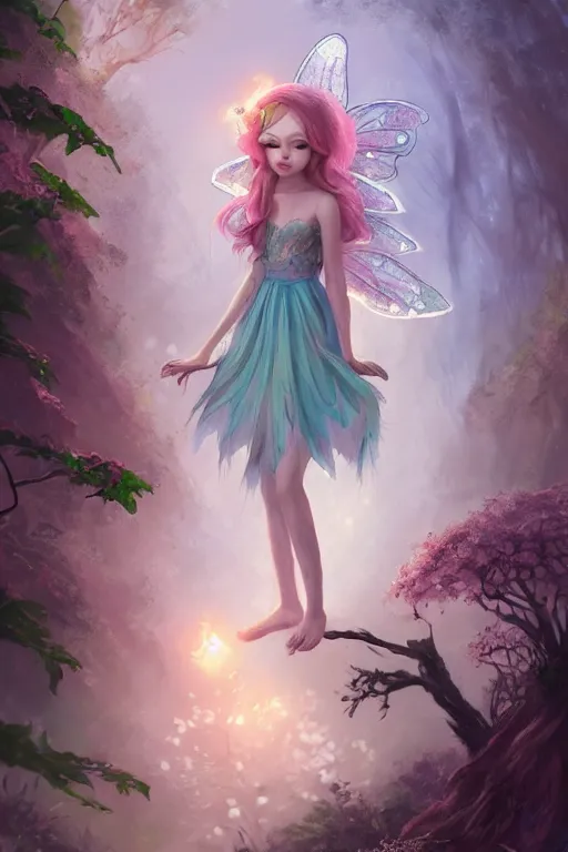 Image similar to a cute and geogerous fairy in the dreamy forest, fantasy, dreamlike, 8 k resolution, hyper detailed, d & d, character design, digital painting, trending on artstation, sharp focus, illustration, art by viktoria gavrilenko, hoang lap, fuji choko, steve zheng,