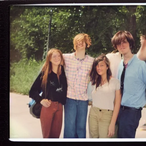 Image similar to Polaroid photograph of stylish college students, taken in 2002