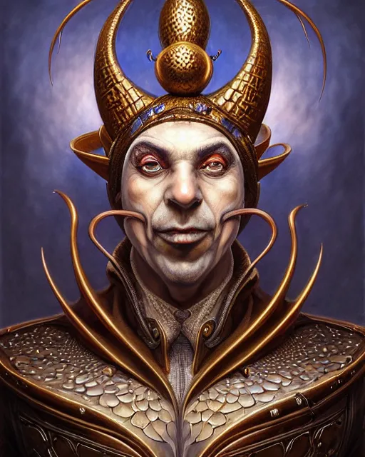 Image similar to front shot of a court jester character, hyperdimensional, intricate, elegant, highly detailed, centered, (((artstation, concept art, smooth, sharp focus, artgerm, Tomasz Alen Kopera, Peter Mohrbacher, donato giancola, Joseph Christian Leyendecker, WLOP, Boris Vallejo))), mugshot!!!!!, ugly!!!!!!, octane render, nvidia raytracing demo, grainy, muted