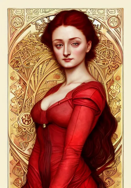 Prompt: sansa stark in red and gold, intricate, elegant, highly detailed, digital painting, artstation, concept art, smooth, sharp focus, illustration, art by artgerm and greg rutkowski and alphonse mucha and william - adolphe bouguereau