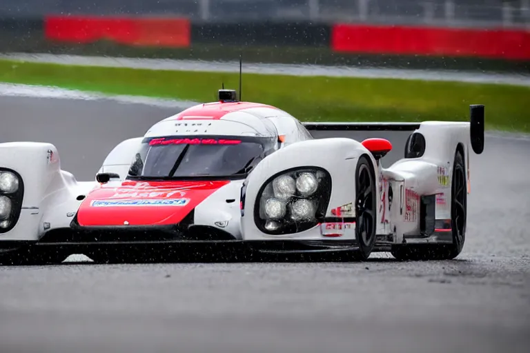 Image similar to beautiful, japanese art of the porsche 9 1 9 in heavy rain at circuit de spa - francorchamps, 8 k