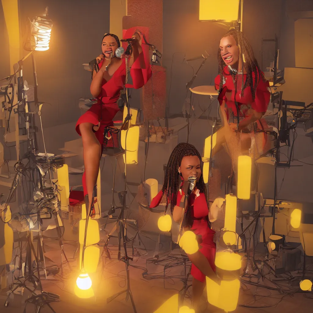 Prompt: illustration of a light-skinned black woman wearing cornrows sings into a microphone in a studio, medium shot, she is wearing a red dress, sitting on a stool, and 4 or 5 yellow lamps are hanging around her, ambient light, unreal engine, Bijou Karman