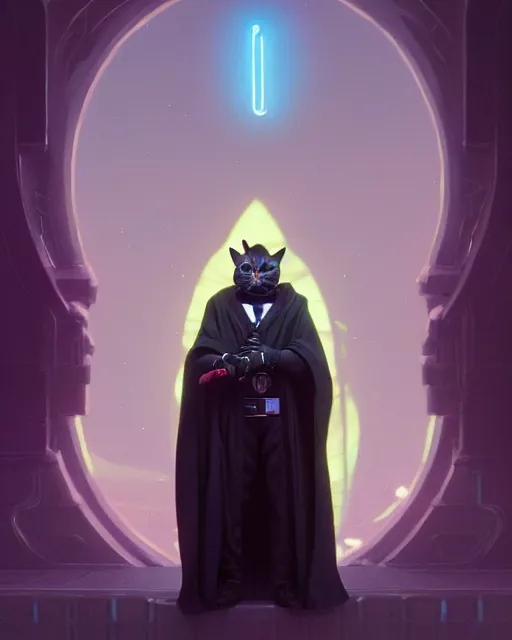 Image similar to highly detailed surreal vfx portrait of a sith cat with black robes, stephen bliss, unreal engine, greg rutkowski, loish, rhads, beeple, makoto shinkai and lois van baarle, ilya kuvshinov, rossdraws, tom bagshaw, alphonse mucha, global illumination, detailed and intricate environment