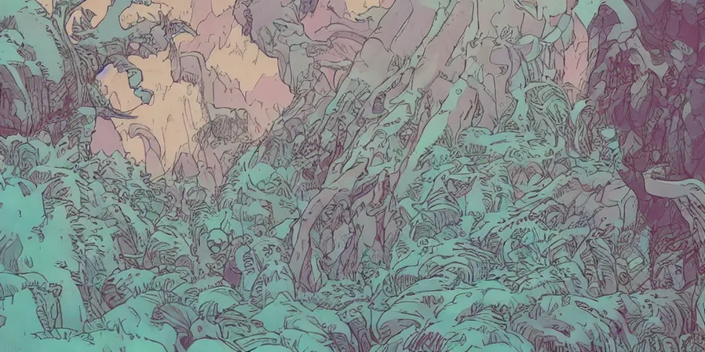 Prompt: a close - up grainy risograph, pastel colors painting of a scene from the horizon zero dawn, machine monsters by moebius and kim jung gi