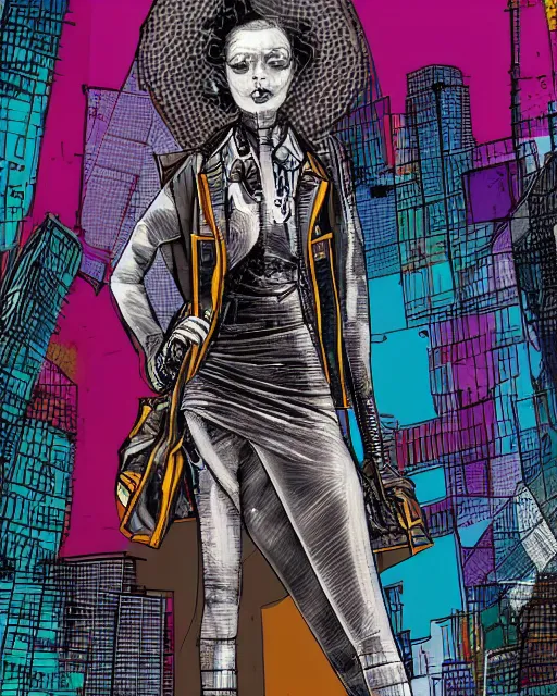 Image similar to cypherpunk fashion illustration, city street background with high tall buildings, abstract portrait highly detailed, finely detailed