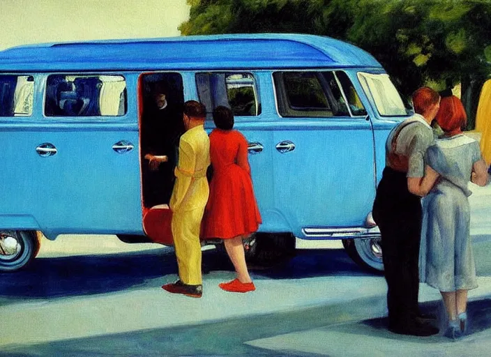 Image similar to detailed painting two young men and women in front of blue vw bus by edward hopper, bernardo bertolucci dreamers movie scene