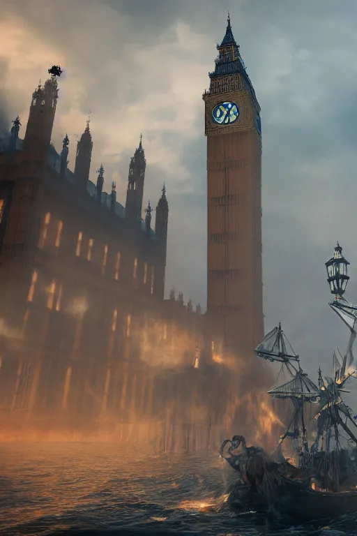 Image similar to highly detailed photograph of a ghostly pirate ship flying above big ben. hyper realism, professional digital art, unreal engine 5, 8 k render, sharp focus, trending on art station.